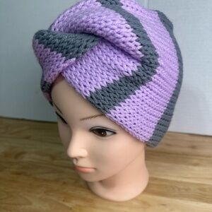 Handmade Purple & Gray Striped Knitted Earwarmer